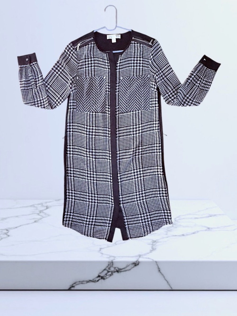 Michael Michael Kors Houndstooth Plaid Mixed-Media Duster Cardigan Shirt Dress S